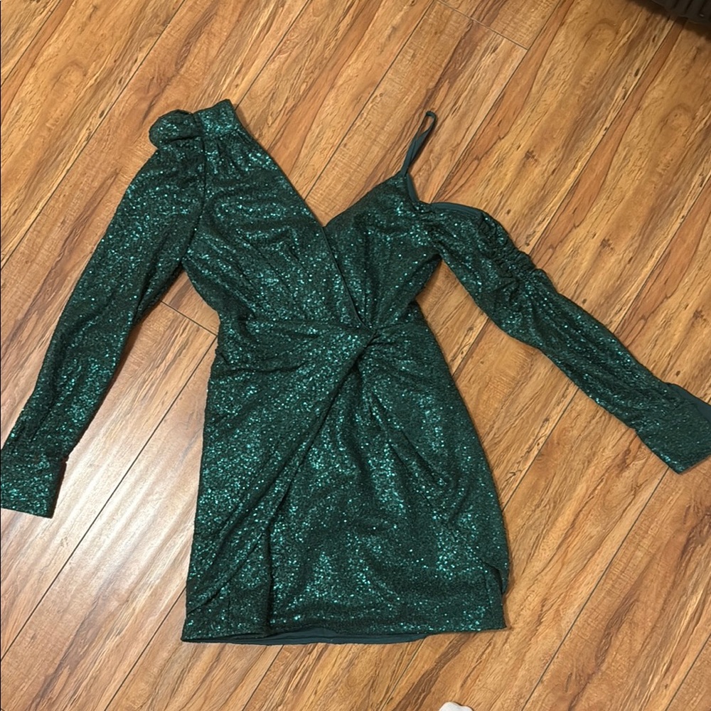 Self-Portrait One Shoulder Green Glitter Dress